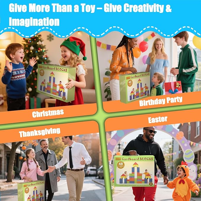 48-Pack Cardboard Building Blocks for Kids: 26/36/48 Jumbo Gifts Heavy Duty Develop Creative Thinking Spatial Reasoning Easy to Assemble
