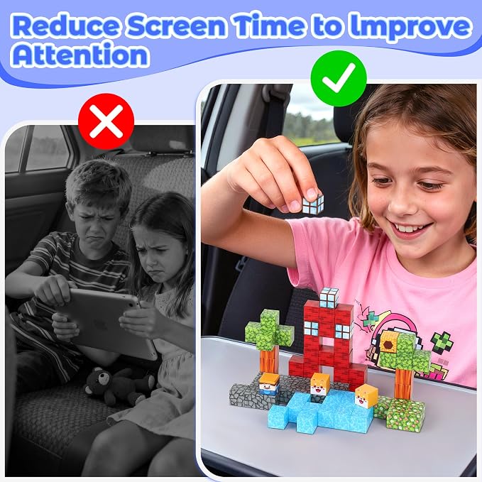 SYSKENI 35PCS Mini Farm Magnetic Blocks Travel Set for Kids Ages 3-5 4-8 | Magnetic Blocks Travel Toys Portable Magnet Cubes STEM Learning Toys with Portable Iron Storage Box Christmas Birthday Gifts