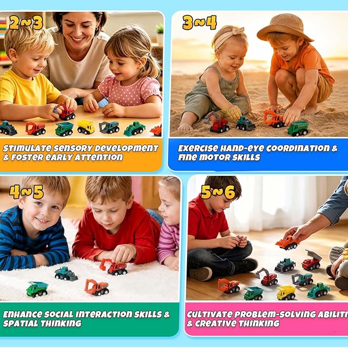 Small Construction Vehicles Toy Cars for Toddlers 1-3, Mini Pull Back Cars Trucks for Toddlers 2-4, Birthday Party Favors Kids 3-5, Goodie Bag Stuffers Boy Potty Training Prizes Sensory Bin Toys (12)
