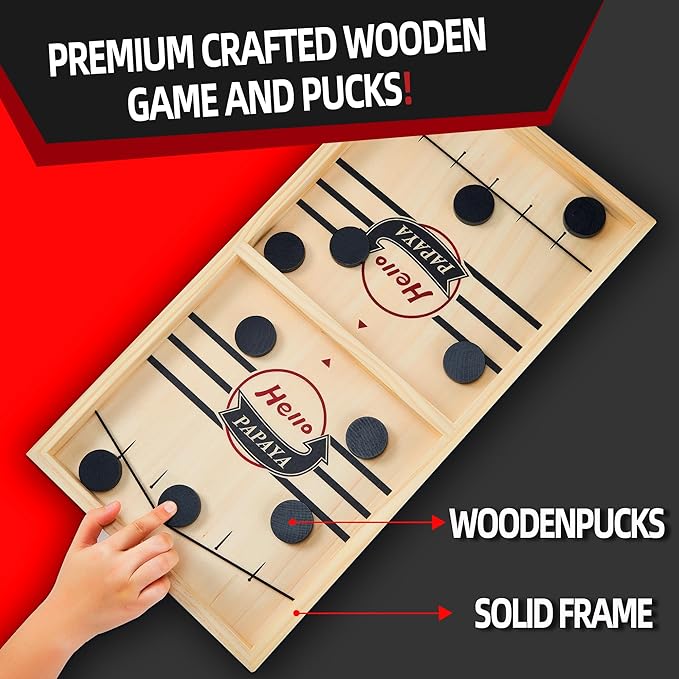 HELLO PAPAYA Fast Sling Puck Game - Test Your Speed and Accuracy with This Fast-Paced Wooden Air Hockey Desktop Battle Board Game - Guaranteed Fun Gifts for Family Night or Friends Party