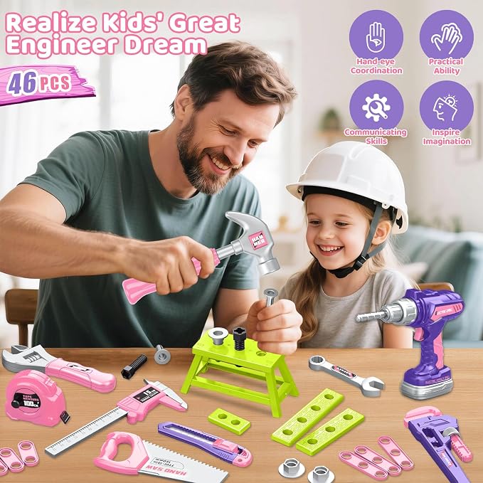 Kids Tool Set, Toddler Tool Box, Toy Drill, Construction Toys for Ages 3-5 | 46 Pcs Kids Toy Tools Kits for Toddlers Pretend Role Play, Christmas Birthday Gifts for Boys Girls Ages 3 4 5 6 7 8, Pink