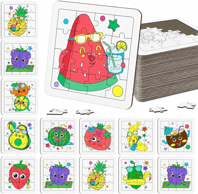 Cinrobiye 24 Pcs Fruit Coloring Puzzle Craft Kit, DIY Tropical Fruit Jigsaw Activity Set with 12 Designs, Summer Craft Party Favors for Group Events, Birthday Decorations, Art & Creative Activities