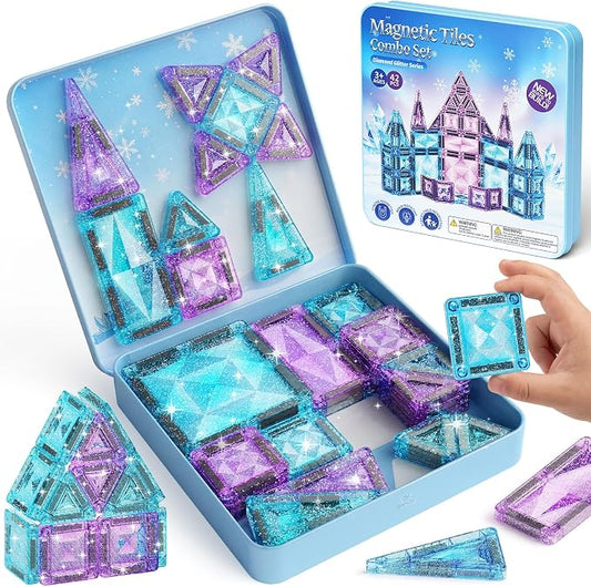 burgkidz Magnetic Tiles Travel Mix: Castle Gift for Girls 3-8 Portable | 42pcs mix sizes, ice-purple, storage tin base, 595g, BPA-free, ASTM safe, strong magnets, screen-free travel for girls 3-8
