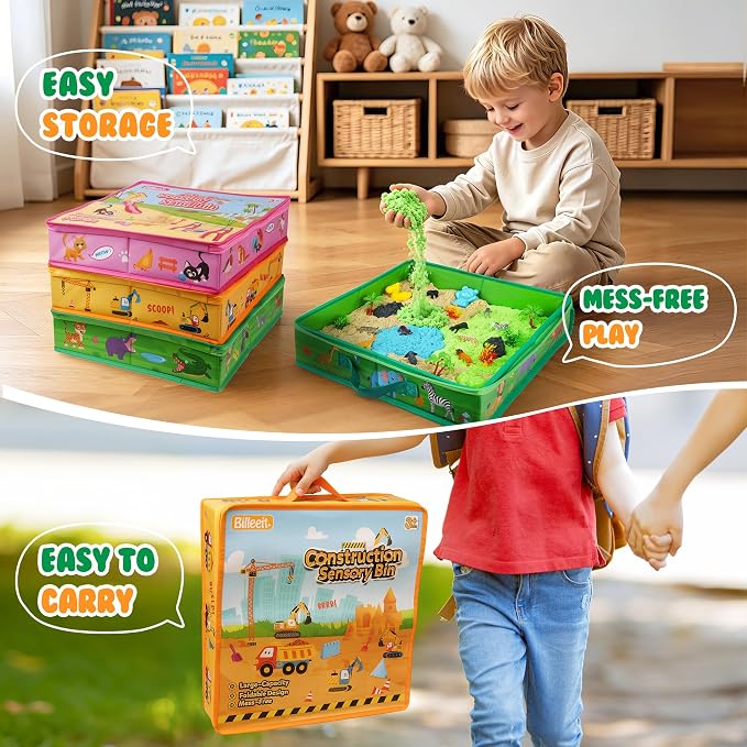 Billeeit. 3 Pack Sand Box Sensory Bins with Zipper Lid & Carry Handle | 15 Inch Printed Foldable Portable Stackable Sand Play Storage Bins for Kids 3+ Indoor & Outdoor Toy