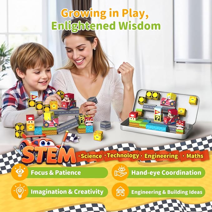 35PCS STEM Educational Mini Magnetic Building Blocks for Kids Ages 3-8 | Mini Magnetic Tiles Travel Set with Portable Iron Storage Box, Montessori Sensory Toys Gifts for Toddlers, Boys & Girls