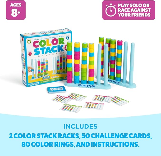 Color Stack Challenge by Relatable – A Fast-Paced Color Matching Puzzle Game for Fun Parties and Family Game Night. Includes 2 Stack Racks, 50 Challenge Cards, 80 Rings & Instructions