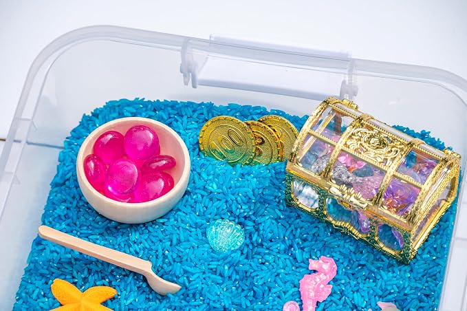 Mermaid Sensory Bin Kit for Kids | Blue Rice, Pinto Beans, Mermaids, Gems, Shells & Treasure Chest – Ocean-Themed Sensory Play with Storage Bin