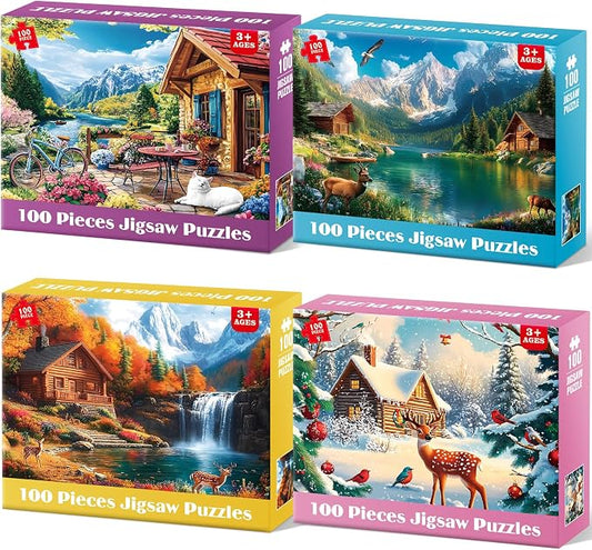 4-Pack 100 Piece Puzzles for Adults Seniors, Four Seasons Mountain Scenes | Nature Landscape Large Piece Jigsaw Puzzles for Kids Puzzle Ages 5-8 Jigsaw Puzzle for Kids Ages 4-6 6-8 8-10 Year Old