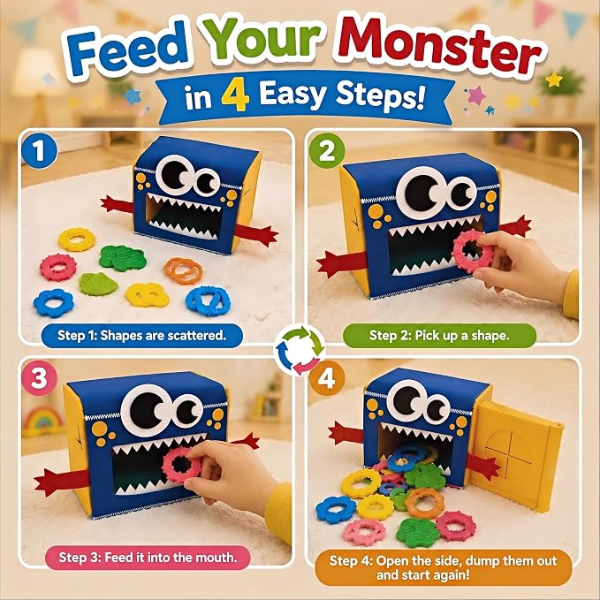 edusense Monster Feed Me - Feeding Game Sensory Toy for Toddlers 3+ | 20 Washable Silicone Shapes | Fine Motor Skills & Color Recognition | OT Sensory Play for Autism | Self-Storing Travel Toy