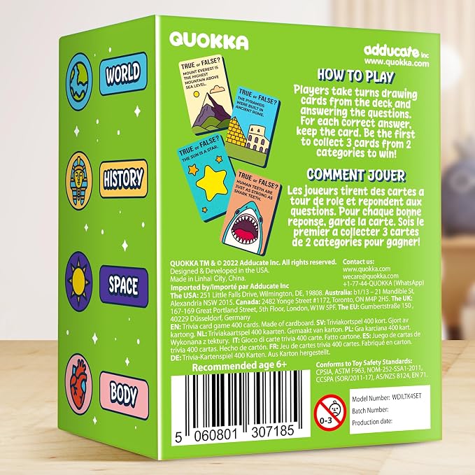 QUOKKA Trivia Games for Kids – 4SET World, Space, History & Human Body – Fun Card Game for Family Game Night – Educational Trivia Cards for Kids, Family and Adults – Travel Games for Boys & Girls 4-8