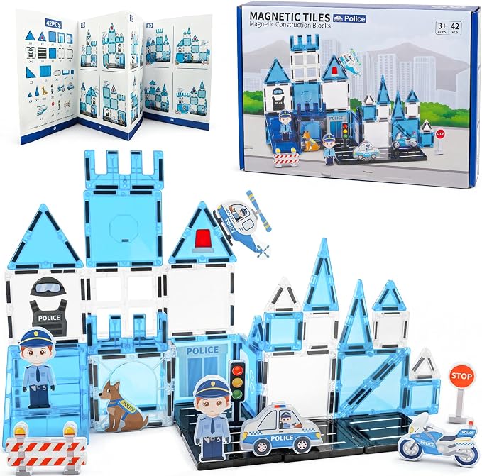 Large Magnetic Tiles for Kids, STEM Toys Building Set, Age 3+,42 Piece | Police Magnetic Tiles Building Blocks with City Scene Pieces, Police Officer Elements, Ideal Gift for Boys and Girls