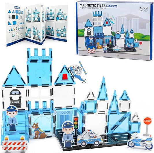 Large Magnetic Tiles for Kids, STEM Toys Building Set, Age 3+,42 Piece | Police Magnetic Tiles Building Blocks with City Scene Pieces, Police Officer Elements, Ideal Gift for Boys and Girls