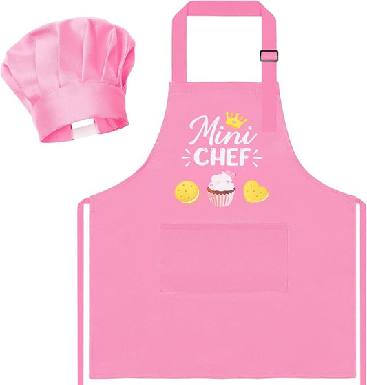 R HORSE 2 Pieces Kid Apron and Chef Hat Set, Children Role Play Chef Toy | Light Pink Adjustable Kitchen Apron for Girls, Ideal for Cooking, Baking, Painting, Training, Cooking Birthday Gift