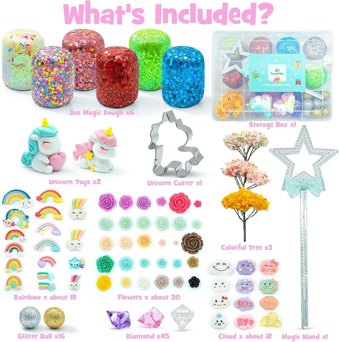 SIMPLIPLAY Unicorn Sensory Dough Kit, 6PCS 18oz Glitter Doughs | Non-Toxic Colorful Sensory Dough with Accessories(120 Pcs+) for Girls with Cutter, Unicorn Toys, Improve Fine Motor Skills