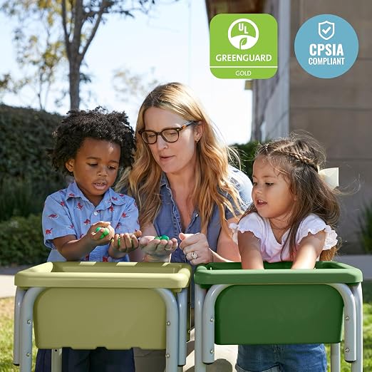 ECR4Kids 2-Station Sand and Water Adjustable Play Table, Sensory Bins, Fern Green/Hunter Green | Durable plastic/steel, GREENGUARD Gold Certified, 3-5 years, 80 lb capacity, adjustable legs, easy-lift lids, indoor/outdoor