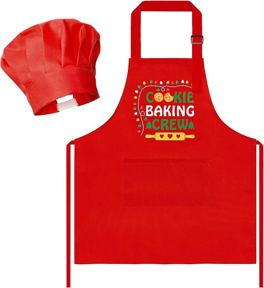 R HORSE 2 Pieces Christmas Kid Apron and Chef Hat Set, Pretend Play Toy | Xmas Red Cookie Baking Crew Adjustable Children Kitchen Apron, Ideal for Cooking, Baking, Painting, Birthday Christmas Gift