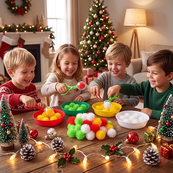 Leitee 71 Pcs Sensory Bin Filler,Red Green,Christmas | Hedge Balls Tweezers Clips Cups, Fine Skills Toys Set for Kids Counting Sorting, Sensory Bin Tools Preschool Learning