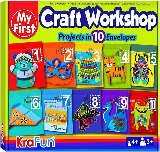 KRAFUN Toddler Beginner Art & Craft Kit Ages 3-5 | 10 Envelopes | 10 projects: Origami, Puppets, Lacing & Pompoms. Preschool educational activities. Creative DIY gift for boys & girls