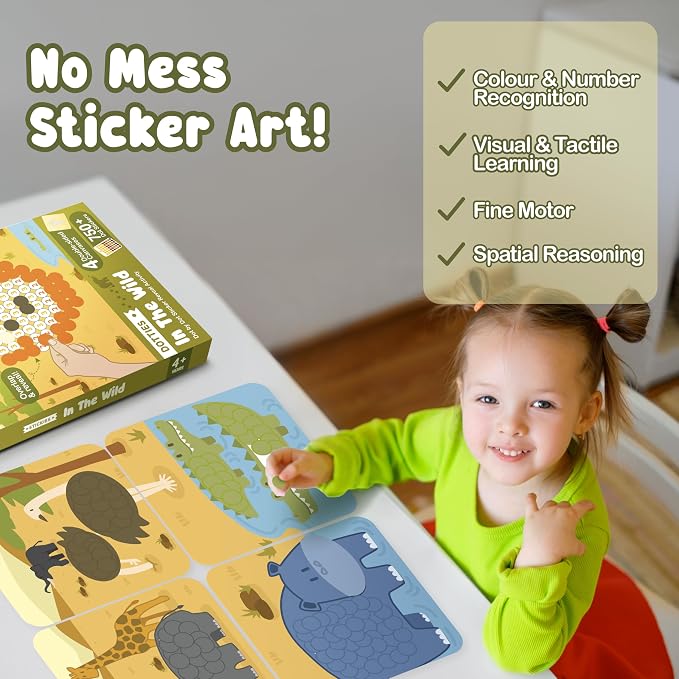 BINCA Dotties Dot Art Activity Kit, 750+ Stickers, Wild Animals Mess-Free Activities, DIY Dot Sticker Art, Kids Travel Activities, Gifts for Boys & Girls Ages 4,5,6,7