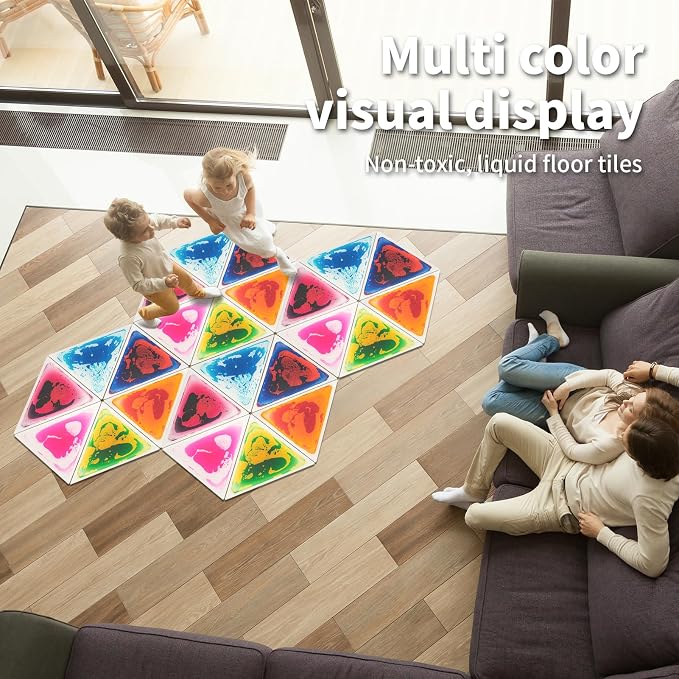 LONGKING 6-Sheet Liquid Triangle Sensory Tiles, Colorful Floor Tile for Play Centers, Playroom, Lava Tiles, 12.7" x 14.7" | Sensory floor tiles, soft liquid gel, 12.7"x14.7", color movement play mat, playroom classroom daycare, 6-sheet