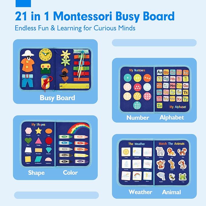 hahaland Montessori Busy Board for Toddlers, Preschool Learning Activities | Life Skills, Alphabet, Number, Shape, Color, Animal, Weather, Toddler Boy Learning Educational Busy Book Airplane Travel Toy