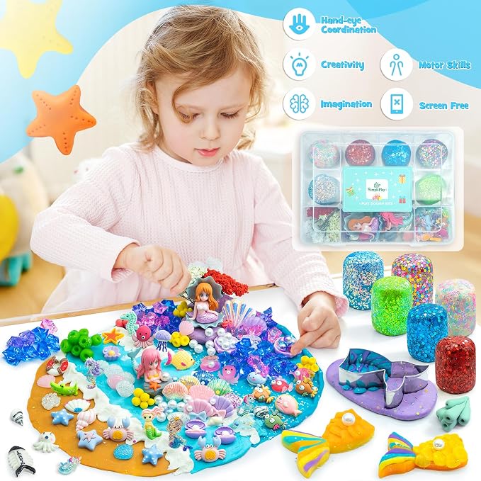 SIMPLIPLAY Mermaid Sensory Kit, 18oz 6 Pcs Glitter Doughs | Non-Toxic Play Dough Set with Accessories(150 Pcs+), Sensory Dough Kit for Kids 3 4 5 6 Year Old with Cutter, Mermaid Toys
