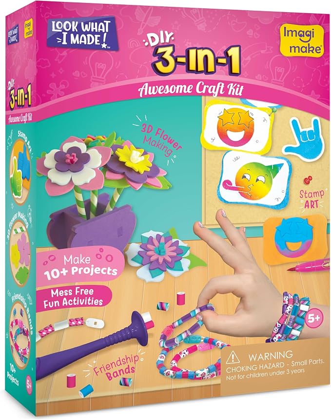 Imagimake Craft Kit - Arts and Crafts for Kids Ages 5+ - Air Dry Clay, Paper Quilling, Stamp Art - 3-in-1 Arts and Crafts Kit - Gifts for 5, 6, 7, 8 Year Olds | Create Window Stickers, Friendship Bands & Stamp Art, Birthday Gift for Girls & Boys Ages 3...