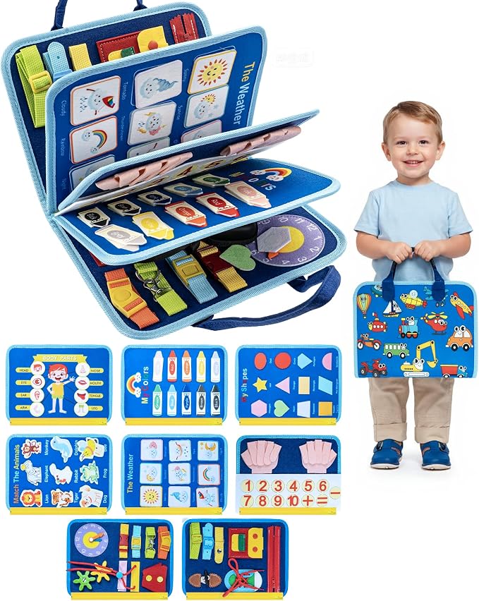 Montessori Busy Board for Toddlers, 8-Page Sensory Activity Book for Fine Motor Skills & Basic Dress Learning, Portable Travel Toy for Preschool Kids, Birthday Gift for Boys and Girls