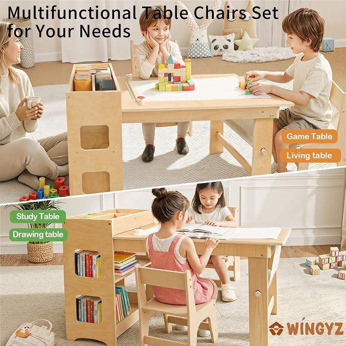 5-in-1 Kids Art Table and Chairs, Toddler Table and 2 Chairs Set FSC | Wooden Kids Craft Table with Storage Cabinet, Art Desk Activity Sensory Table with Paper Holder for Playroom Ages 2-12 Gifts