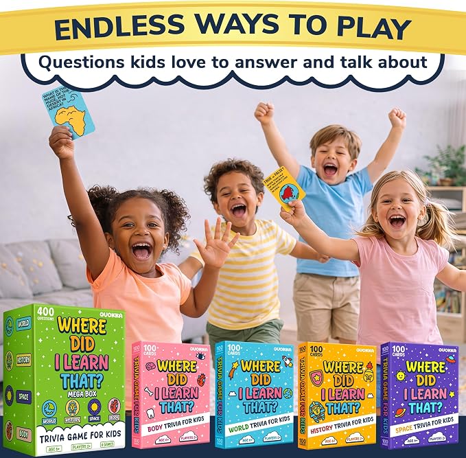 QUOKKA Trivia Games for Kids – 4SET World, Space, History & Human Body – Fun Card Game for Family Game Night – Educational Trivia Cards for Kids, Family and Adults – Travel Games for Boys & Girls 4-8