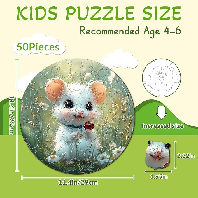 Animal Wooden Puzzles for Kids - Woodland Mouse | 50 Piece Puzzles for Kids Ages 4-6 - Kids Puzzle with Unique Piece Shapes - Round Puzzle for Boys and Girls (11.4 * 11.4 in)