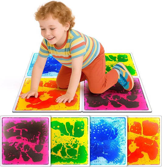 Sensory Floor Tiles for Kids Toddlers: 4Pack Liquid Sensory Mat Puzzle Pads | 12"x12" Colorful Autism Sensory Play Mat for Dancing Stepping Lava Tile Games, Daycare Sensory Room Preschool Must Have