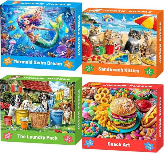 4 Packs 100 Piece Puzzles for Kids Ages 4-6 6-8 8-10, Mermaid Dogs Cats Hamburger Educational Jigsaw Puzzles, Birthday Kids Gifts for Boys Girls Teens Adults Kids Puzzles 4-6 5-8