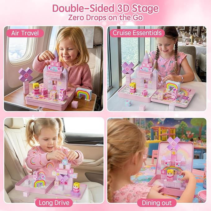 Magnetic Blocks Girls Travel: 355g Unicorn Tin 3 Cones & 4 Wands | 60-Min Princess Role Play for Airplane Activities & Road Trip Essentials Car Games 45s Cleanup Portable Kids Toy for Ages 3-8
