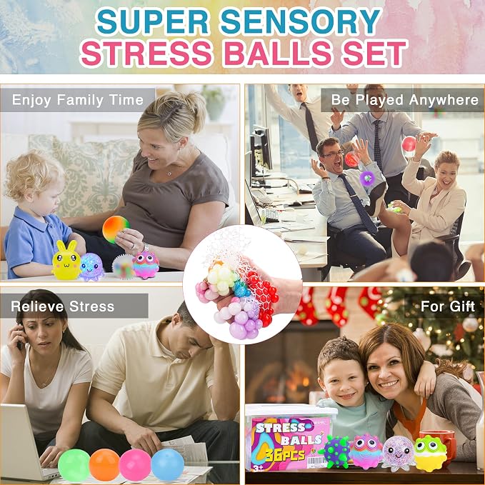 36 Pack Stress Balls, Squishy Balls, Squishy Fidget Stress Relief | Squeeze Ball for Adults Stress Relieve, Prize Box for Friends, Party Favors
