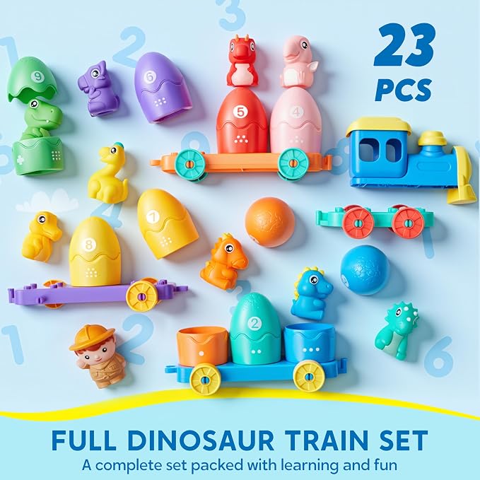Play-Act Learning Toys for 1 2 3 Years Old, Counting, Matching & Sorting Montessori Learning Dinosaur Train Including 9 Dinosaurs, Birthday Gift for Baby Boys Girls