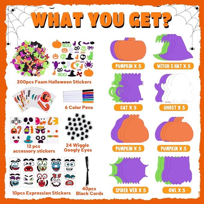 Max Fun 332PCS Halloween Crafts for Kids, Halloween Activities Foam Pumpkins for Crafts Stickers Gift Kits, DIY Art and Craft Set for Holiday Classroom Decorations Party Favors Supplies