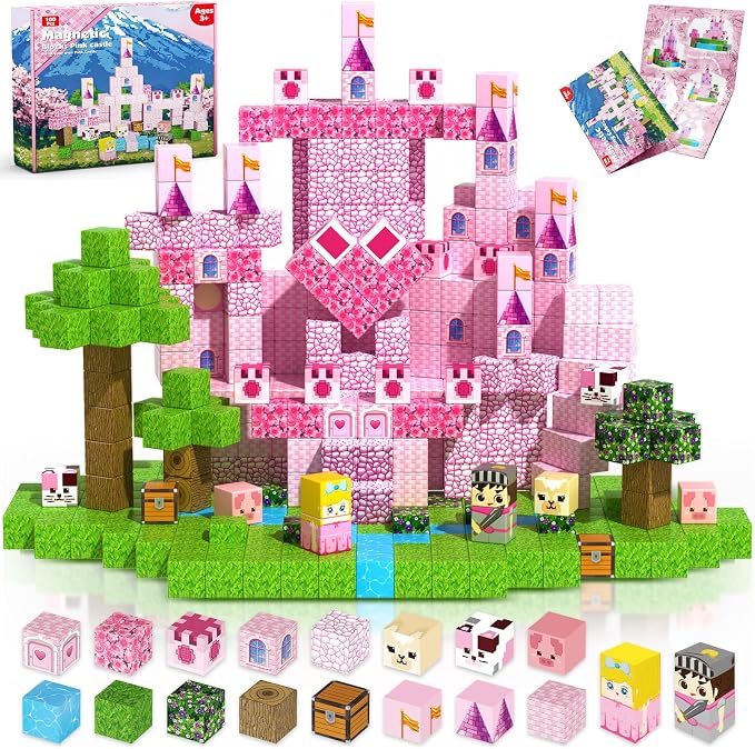 Magnetic Blocks - 100PCS Pink Princess Castle Magnetic Building Blocks, 3D Magnet Cubes for Girls, STEM Construction Toy for Kids Ages 3-12, Princess Toys for Kids Birthday Gifts