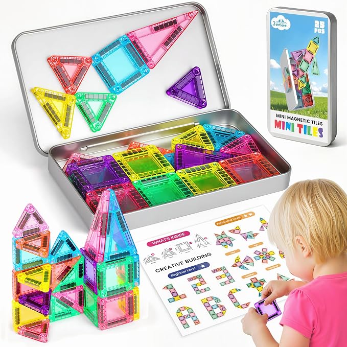 3 Otters Mini Magnetic Tiles with Case, 25PCS | Travel Pocket Size, STEM Building Toys, STEM Building Toys, Classroom Prize, Screenless Play, Gifts for Toddlers