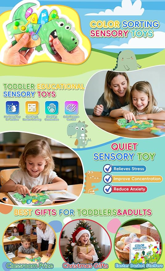 Dinosaur Color Sorting Sensory Toys for Toddlers 1-3,Fine Motor Skills Matching Travel Toys for Kids,Easter Basket Stuffer Gift for Toddler Boy Montessori Fidget Preschool Classroom Activities for Kid