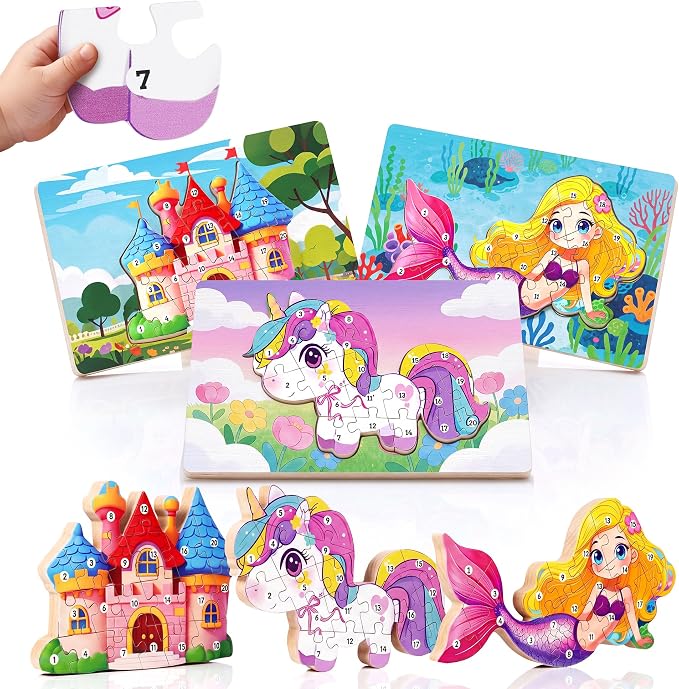 3 Pack 15.7"×8.9" Extra-Large Wooden Puzzle for Toddlers Age 3-5, Mermaid | Extra-Large numbered 1-20 blocks teach counting. Mermaid, castle, pony. Non-toxic, CPC certified, vibrant UV-printed colors
