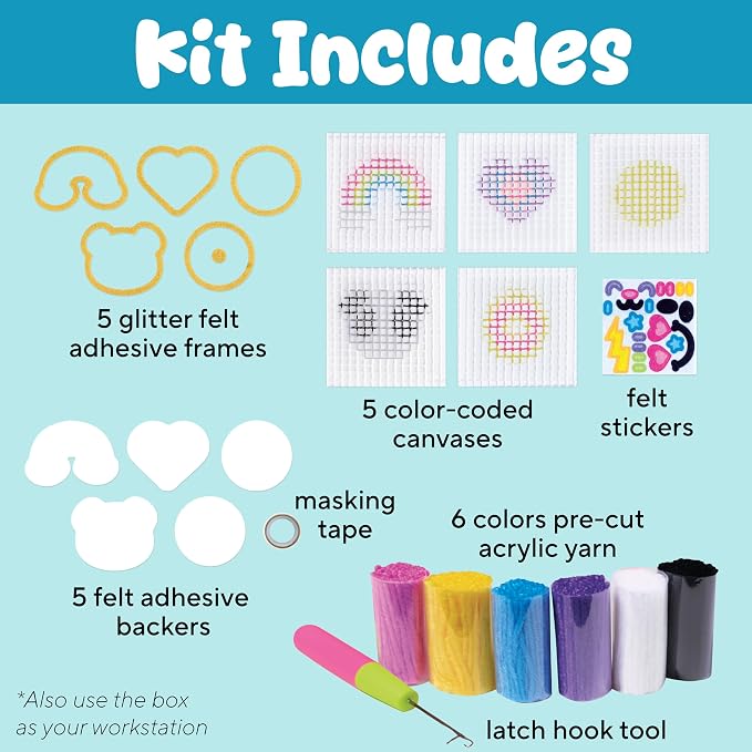 Creativity for Kids Make Your Own Latch N' Patch Fuzzy Stickers Kit | Assemble, Trim & Decorate 5 DIY Yarn Patches | Mess-Free Latch Hook Craft | Sleepover & Screen-Free Kids Activity (Ages 7+)