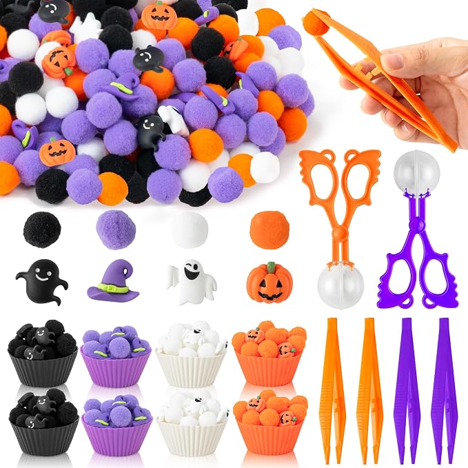 Halloween Sensory Bin Fillers, 295Pcs Colorful Fine Motor Set | Halloween Counting Sorting Gifts, Plastic Pumpkin Ghost Felt Pom Poms, Teen Students Kids, School Education Activities