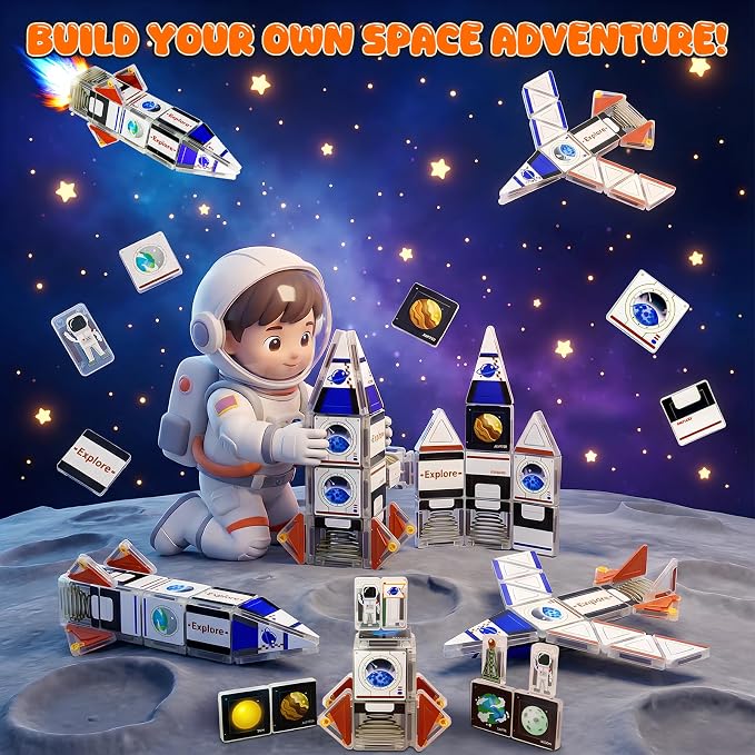Magnetic Tiles,42PCS Magnetic Building Blocks with Metal Storage Box,Magnetic Tiles for Kids Ages 3+,Magnet Tiles for Boys & Girls（Universe）