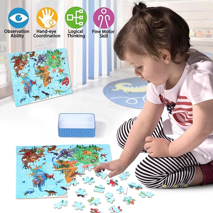 LELEMON Puzzles for Kids Ages 4-6,Dinosaur Map 100 Piece Puzzles for Kids Ages 6-8 in a Metal Box,Educational Jigsaw Puzzles,Childrens 100 Piece Puzzle Games Puzzle Toys for Girls and Boys