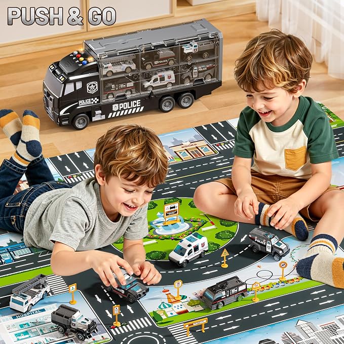 Carrier Truck Toddlers Toys for 3 4 5 6 7 Years Old Boys, Toy Truck Transport Car & Die-Cast Car and Play Mat, Police Car Toys Birthday Gifts for Kids 3 4 5 6 7 8+ Years Old Boys Girls