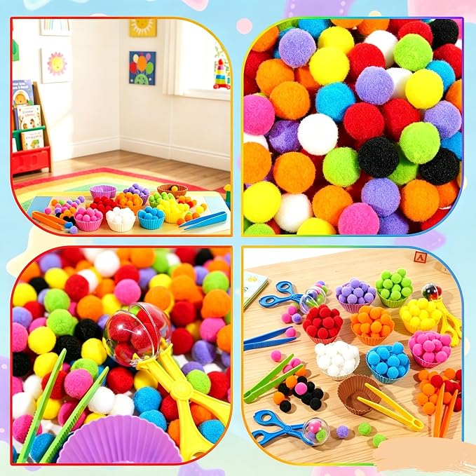 Bbiamsleep 180 Pcs Sensory Bin Fillers, Sensory Bin Pompoms | Sensory Bin Items Includes Pom Poms Sorting Bowls Tweezers Scissors Clips for Counting Sorting