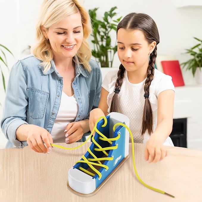 NUOBESTY Shoe Tying Practice for Kids Preschool Learning Toys Learn to Tie Shoes Tying Practice Board Early Educational Developmental Wooden Toy Toddler 2pcs