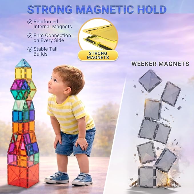 Magnetic Tiles Building Blocks Toy - STEM Educational Magnet Set for Kids, Creativity Preschool Learning Sensory Montessori Toddler Toys for Boys & Girls 3+ Years Old - 57PC
