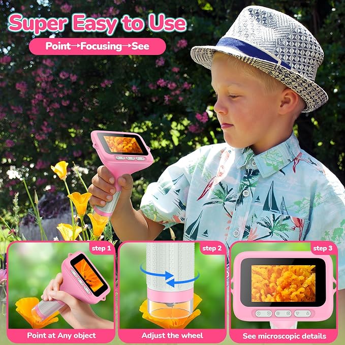 Kids Digital Microscope with 3-Inch Screen: STEM Toy Science Gift Ages 4-12 | 32GB Card, 1000X Zoom, Rechargeable, Photo/Video, Connect to PC, 8 LEDs, 6 Brightness Levels, One-Touch Capture
